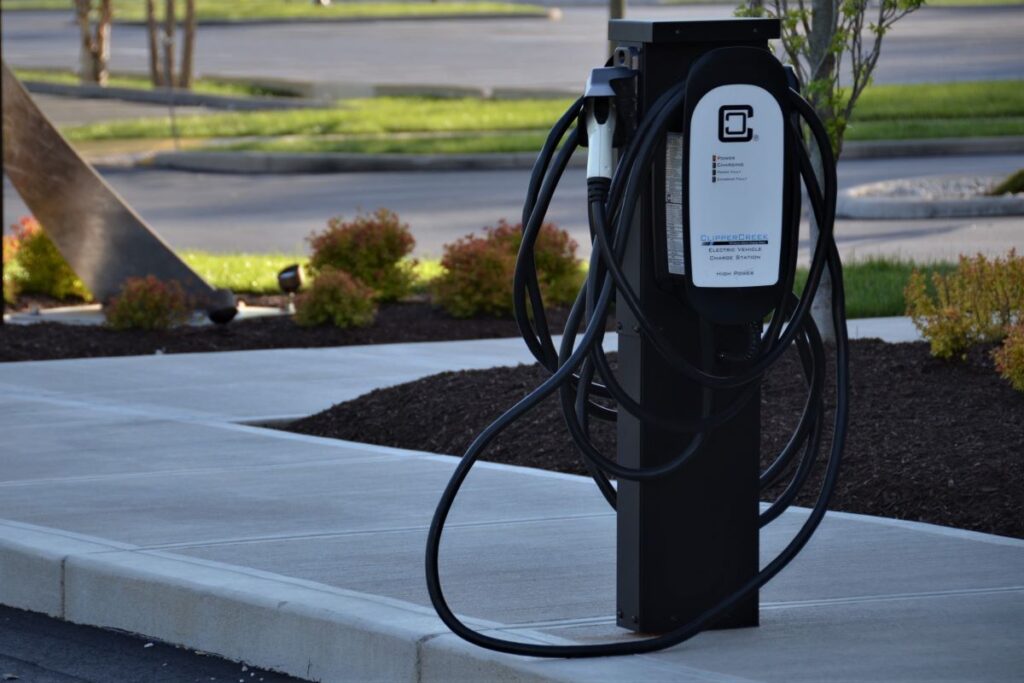 An EV charging station installed outside a building