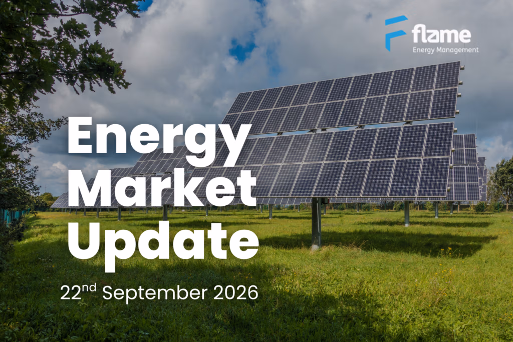 Solar panels in a field beneath a cloudy sky, featuring the Flame Energy logo and the text 'Energy Market Update, 22nd September 2026'.