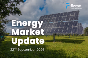 Solar panels in a field beneath a cloudy sky, featuring the Flame Energy logo and the text 'Energy Market Update, 22nd September 2026'.
