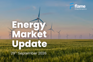 Wind turbines across a green field at sunset, with Flame Energy branding and the title “Energy Market Update, 29th September 2026”.